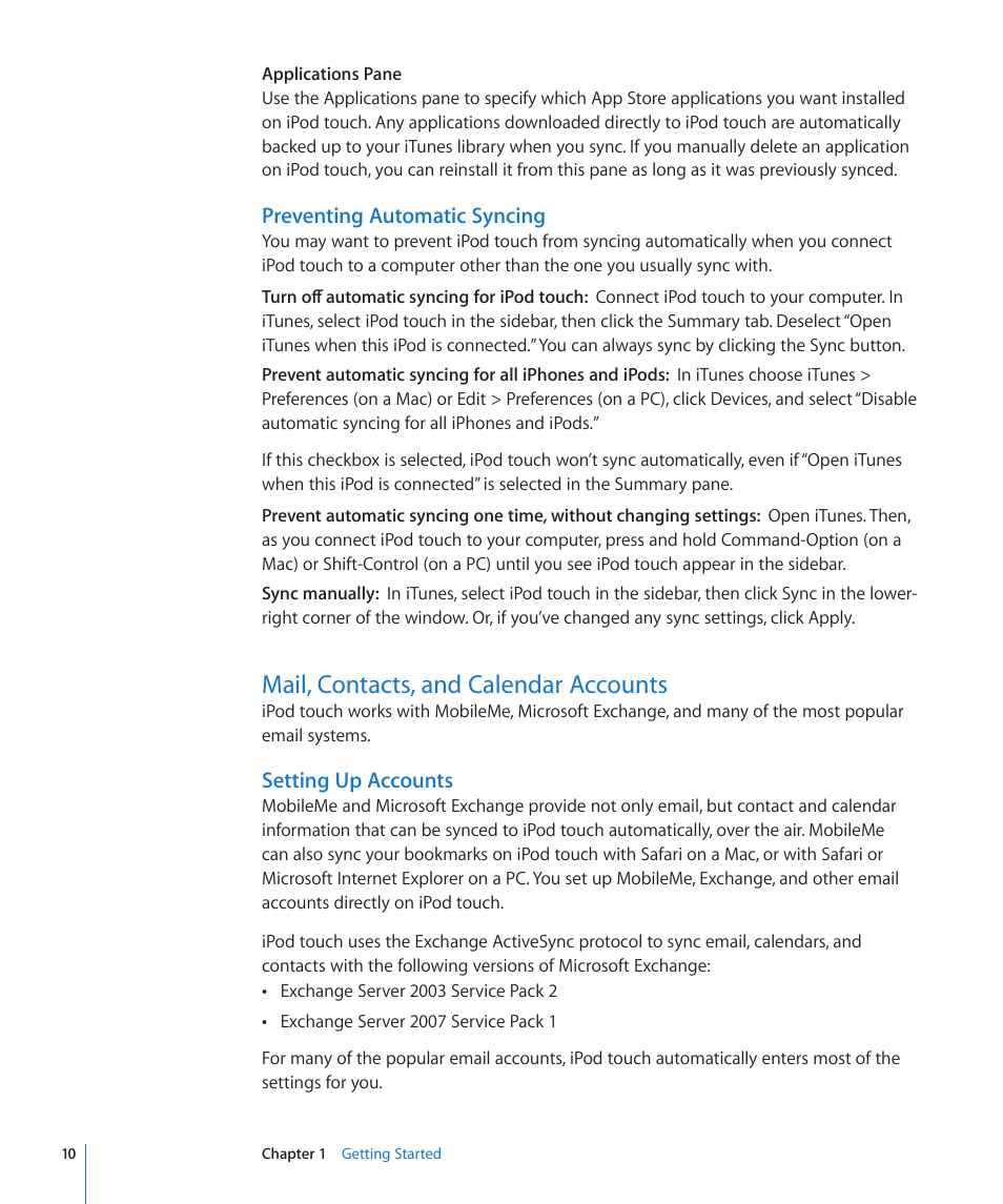 Mail, contacts, and calendar accounts, Setting up accounts, Preventing automatic syncing | Apple iPod touch iOS 2.2 User Manual | Page 10 / 122