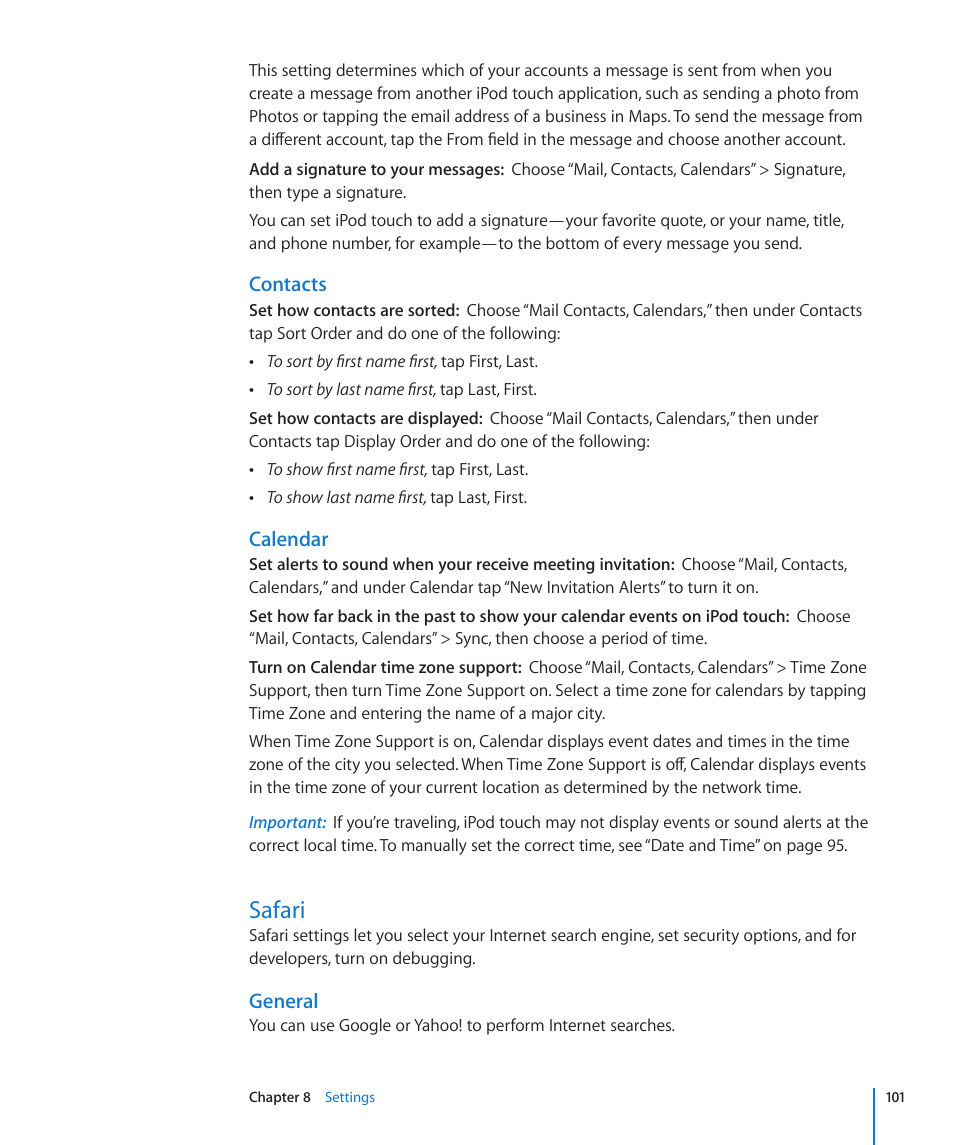 Safari, 101 safari, Contacts | Calendar, General | Apple iPod touch iOS 2.2 User Manual | Page 101 / 122