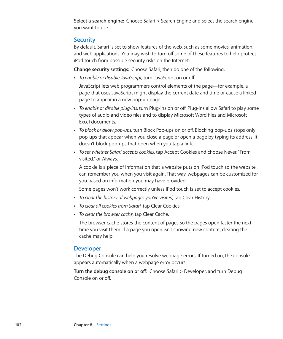 Security, Developer | Apple iPod touch iOS 2.2 User Manual | Page 102 / 122