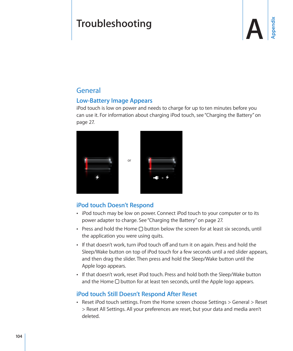 Appendix a: troubleshooting, General, Appendix a: troubleshooting | 104 general, Troubleshooting | Apple iPod touch iOS 2.2 User Manual | Page 104 / 122