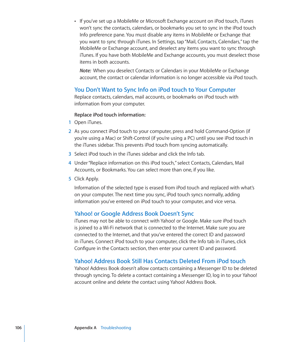Yahoo! or google address book doesn’t sync | Apple iPod touch iOS 2.2 User Manual | Page 106 / 122