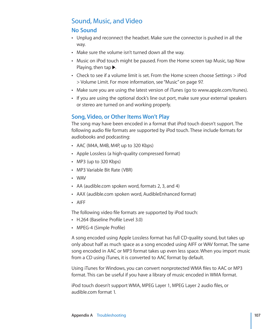 Sound, music, and video, 107 sound, music, and video, No sound | Song, video, or other items won’t play | Apple iPod touch iOS 2.2 User Manual | Page 107 / 122