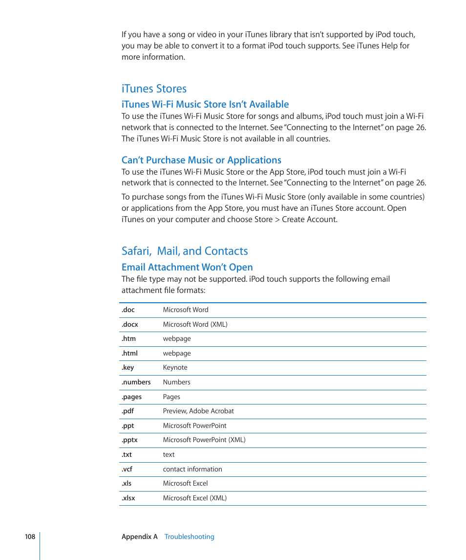 Itunes stores, Safari, mail, and contacts, 108 itunes stores | 108 safari, mail, and contacts, Itunes wi-fi music store isn’t available, Can’t purchase music or applications, Email attachment won’t open | Apple iPod touch iOS 2.2 User Manual | Page 108 / 122