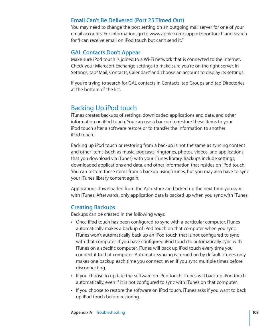 Backing up ipod touch, 109 backing up ipod touch, Email can’t be delivered (port 25 timed out) | Gal contacts don’t appear, Creating backups | Apple iPod touch iOS 2.2 User Manual | Page 109 / 122