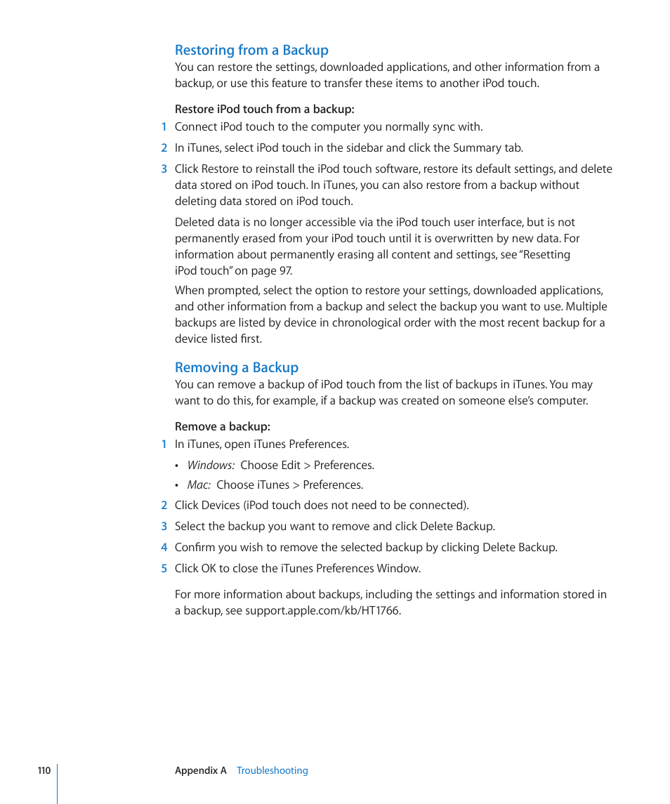 Restoring from a backup, Removing a backup | Apple iPod touch iOS 2.2 User Manual | Page 110 / 122