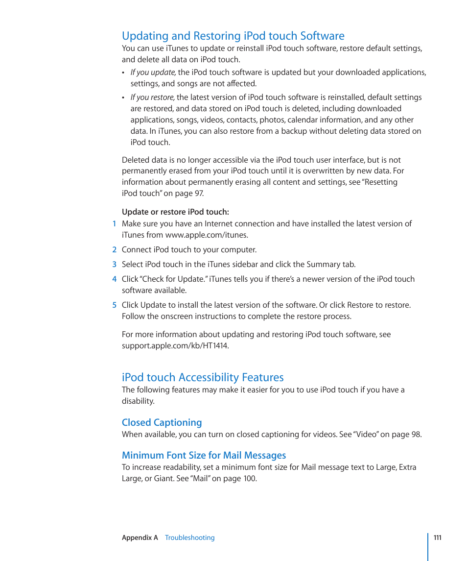 Updating and restoring ipod touch software, Ipod touch accessibility features, Updating and restoring | Ipod touch software, Closed captioning, Minimum font size for mail messages | Apple iPod touch iOS 2.2 User Manual | Page 111 / 122