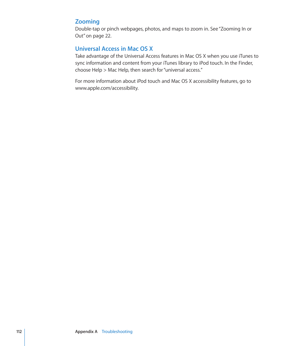 Zooming, Universal access in mac os x | Apple iPod touch iOS 2.2 User Manual | Page 112 / 122