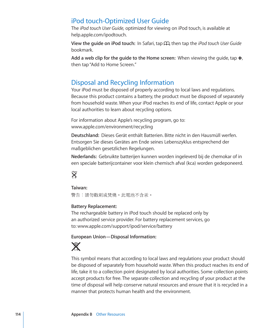 Ipod touch-optimized user guide, Disposal and recycling information | Apple iPod touch iOS 2.2 User Manual | Page 114 / 122