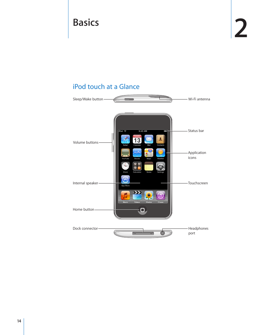 Chapter 2: basics, Ipod touch at a glance, Basics | Apple iPod touch iOS 2.2 User Manual | Page 14 / 122