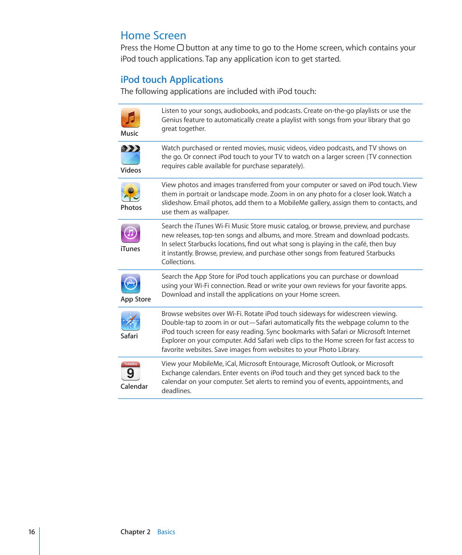 Home screen, 16 home screen, Ipod touch applications | Apple iPod touch iOS 2.2 User Manual | Page 16 / 122