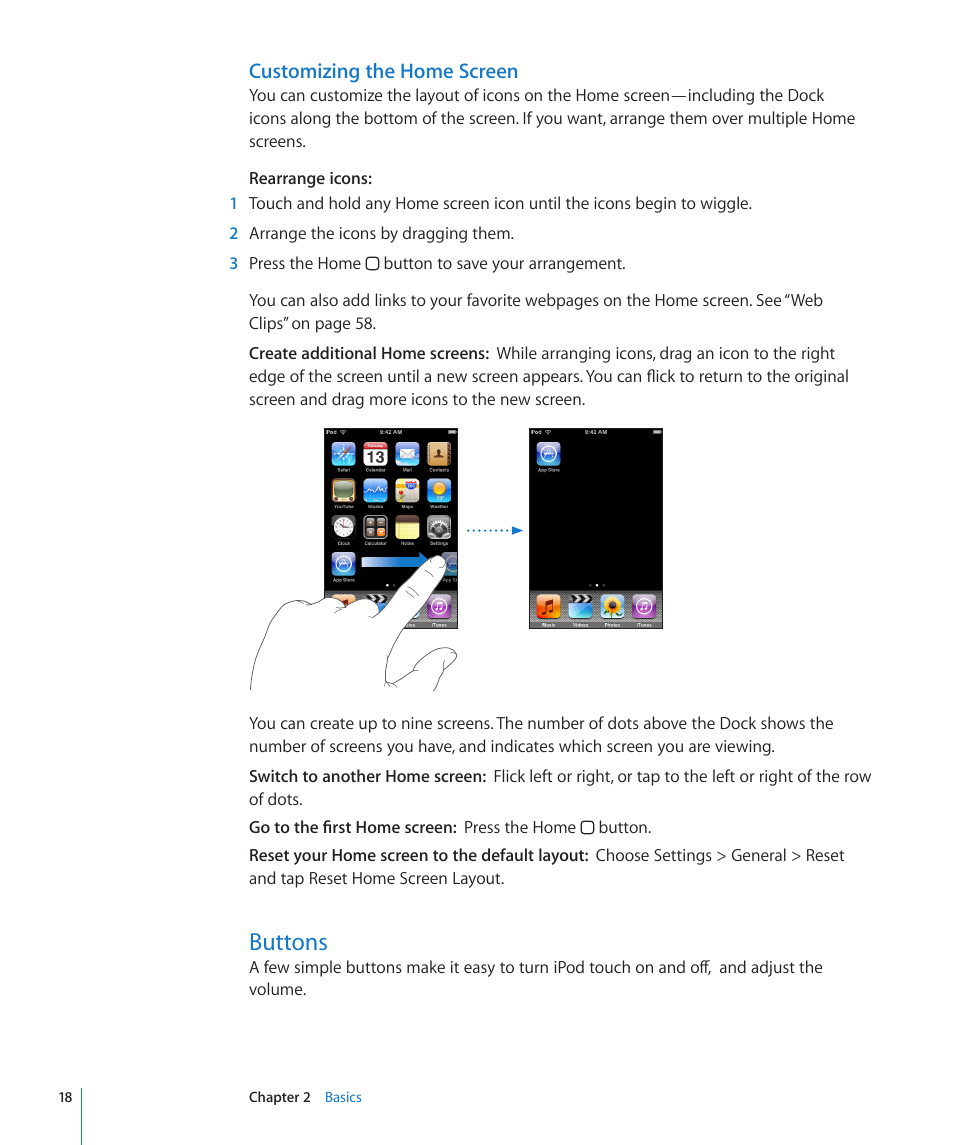 Buttons, Customizing the home screen | Apple iPod touch iOS 2.2 User Manual | Page 18 / 122