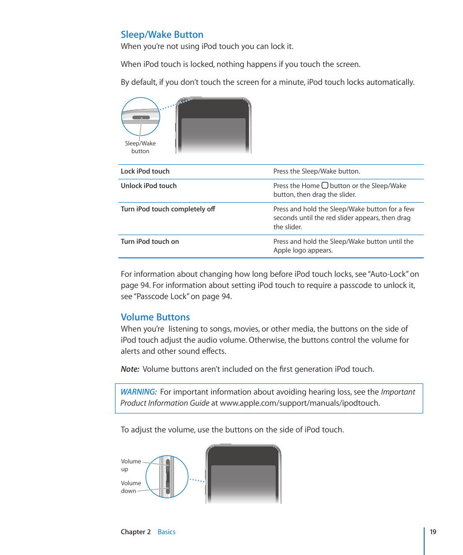 Sleep/wake button, Volume buttons | Apple iPod touch iOS 2.2 User Manual | Page 19 / 122