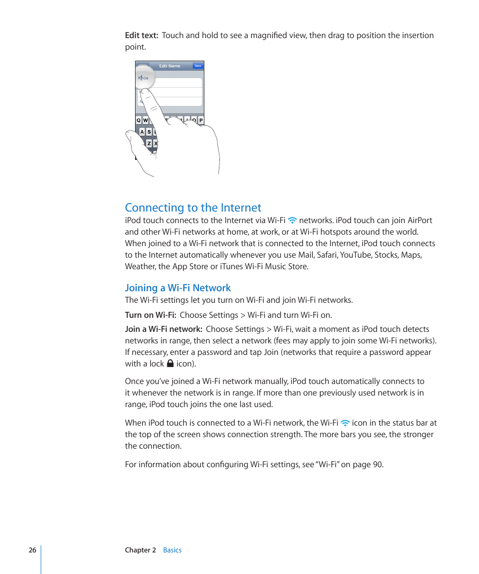 Connecting to the internet, 26 connecting to the internet, Joining a wi-fi network | Apple iPod touch iOS 2.2 User Manual | Page 26 / 122