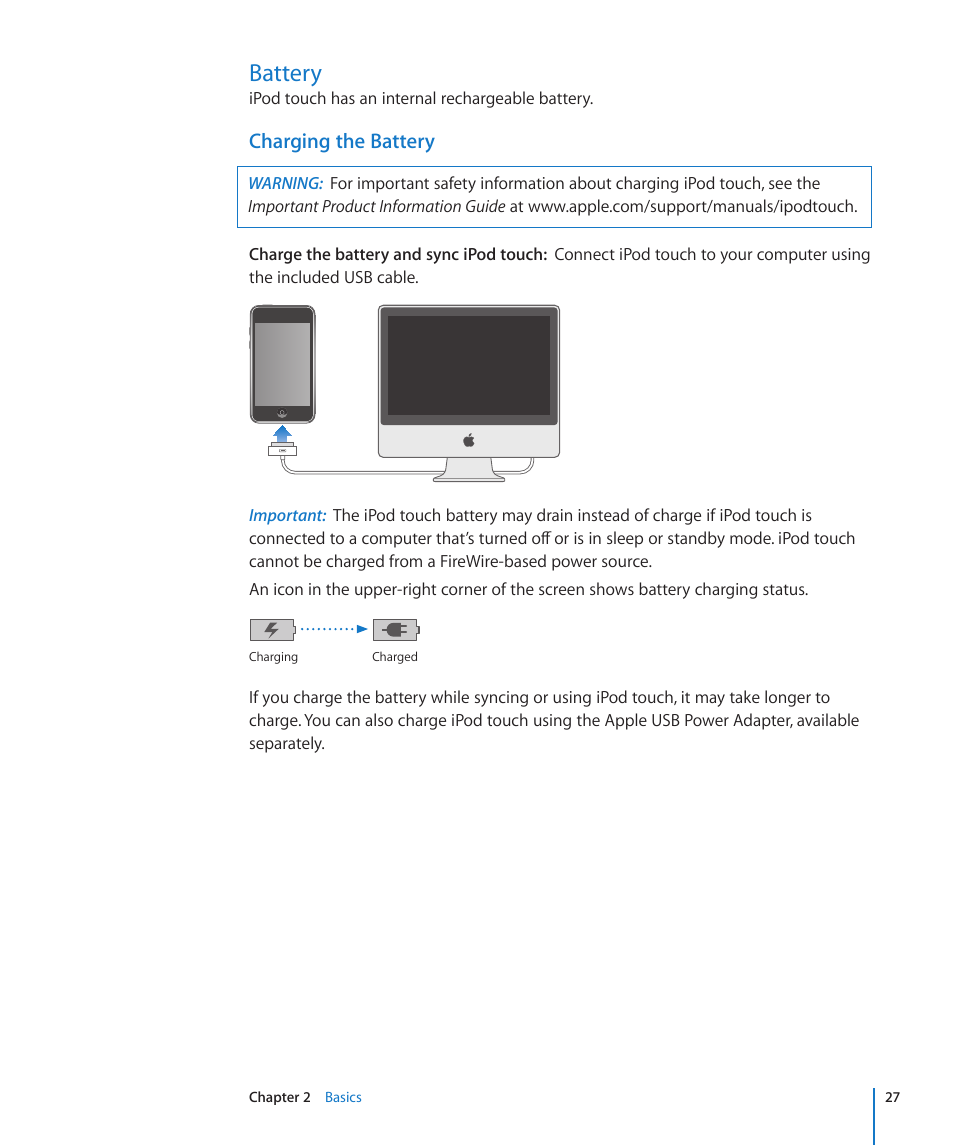 Battery, 27 battery, Charging the battery | Apple iPod touch iOS 2.2 User Manual | Page 27 / 122