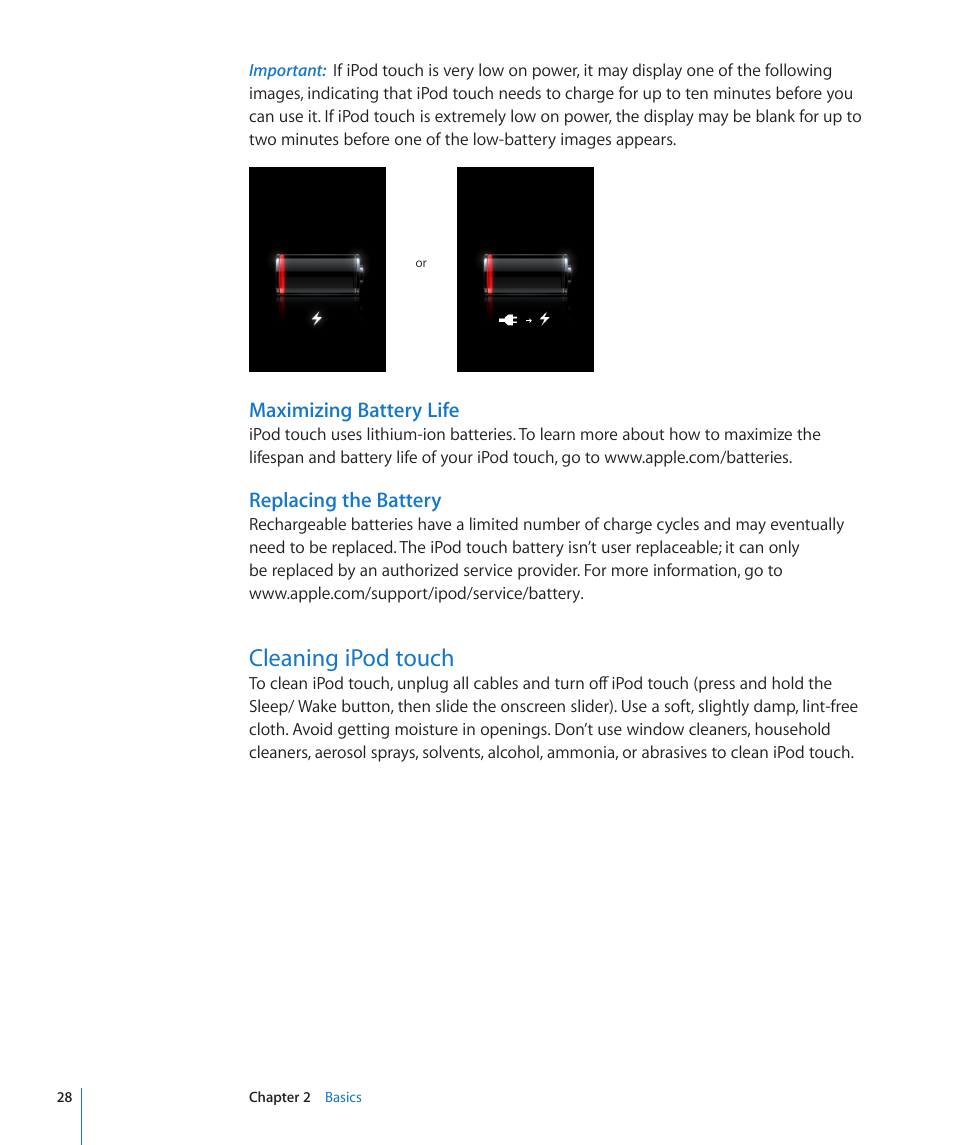 Cleaning ipod touch, 28 cleaning ipod touch, Maximizing battery life | Replacing the battery | Apple iPod touch iOS 2.2 User Manual | Page 28 / 122