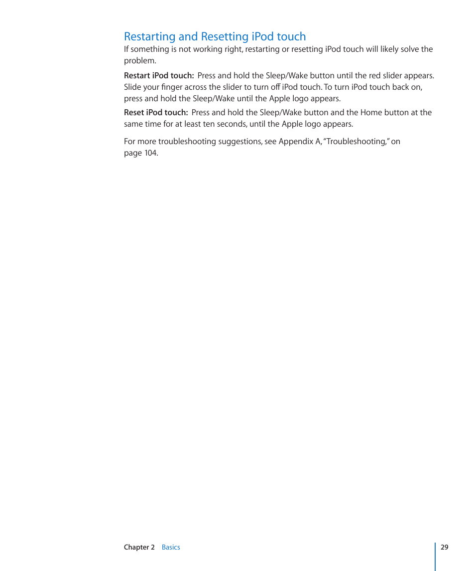 Restarting and resetting ipod touch, 29 restarting and resetting ipod touch | Apple iPod touch iOS 2.2 User Manual | Page 29 / 122