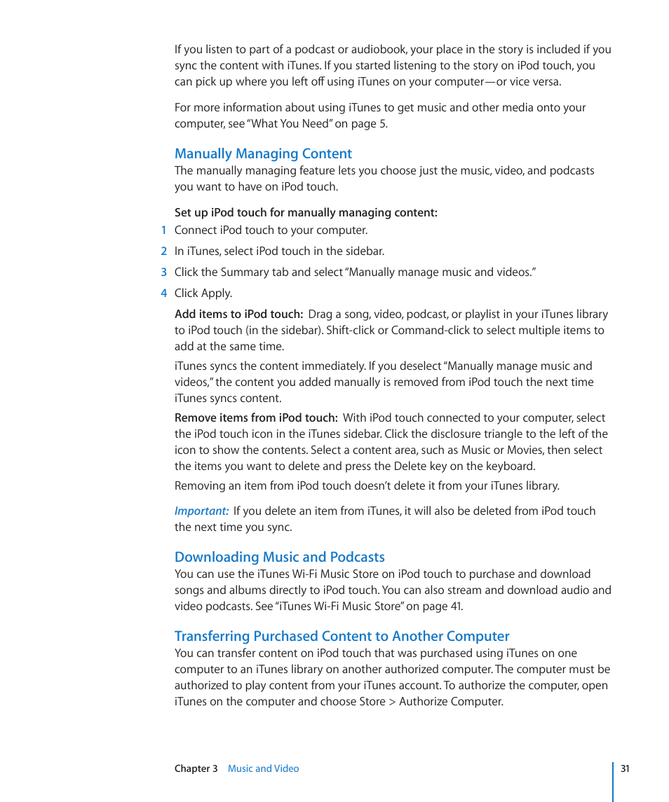 Manually managing content, Downloading music and podcasts, Transferring purchased content to another computer | Apple iPod touch iOS 2.2 User Manual | Page 31 / 122