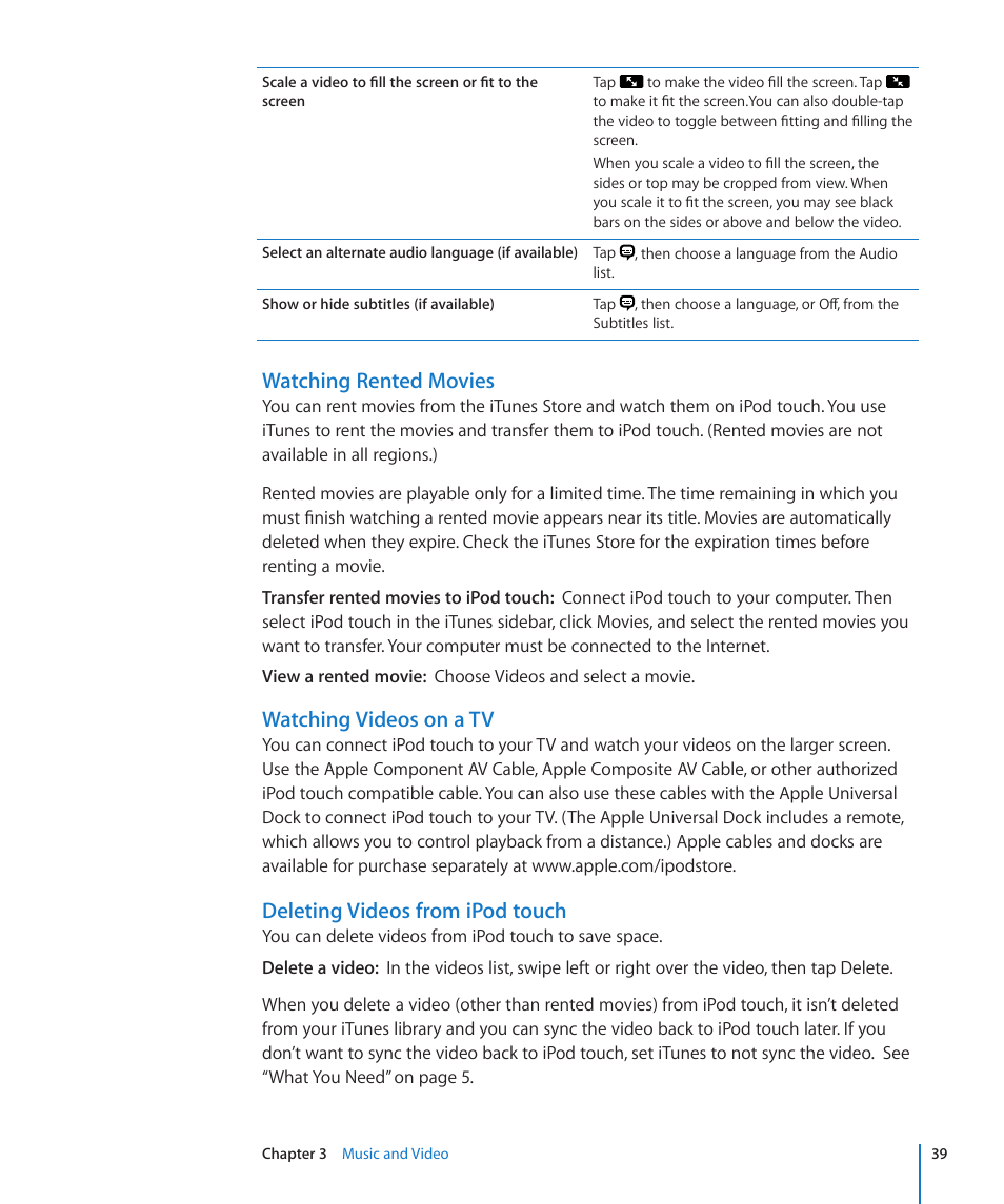 Watching rented movies, Watching videos on a tv, Deleting videos from ipod touch | Apple iPod touch iOS 2.2 User Manual | Page 39 / 122