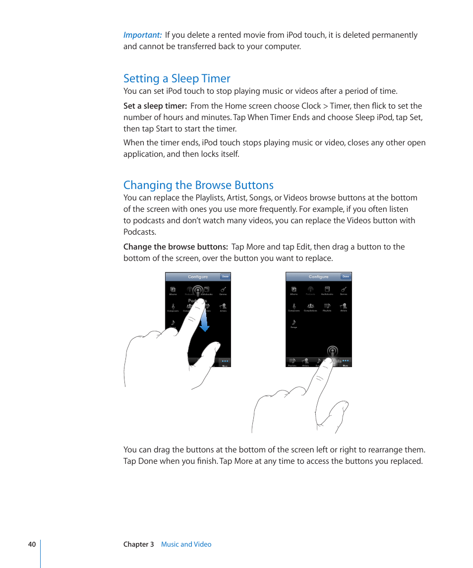 Setting a sleep timer, Changing the browse buttons | Apple iPod touch iOS 2.2 User Manual | Page 40 / 122