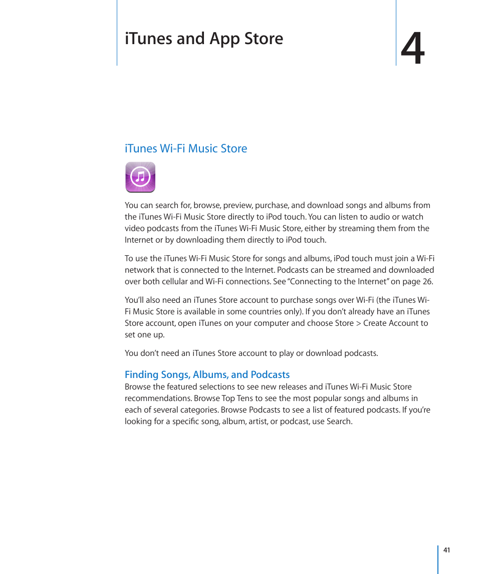 Chapter 4: itunes and app store, Itunes wi-fi music store, 41 itunes wi-fi music store | Itunes and app store | Apple iPod touch iOS 2.2 User Manual | Page 41 / 122