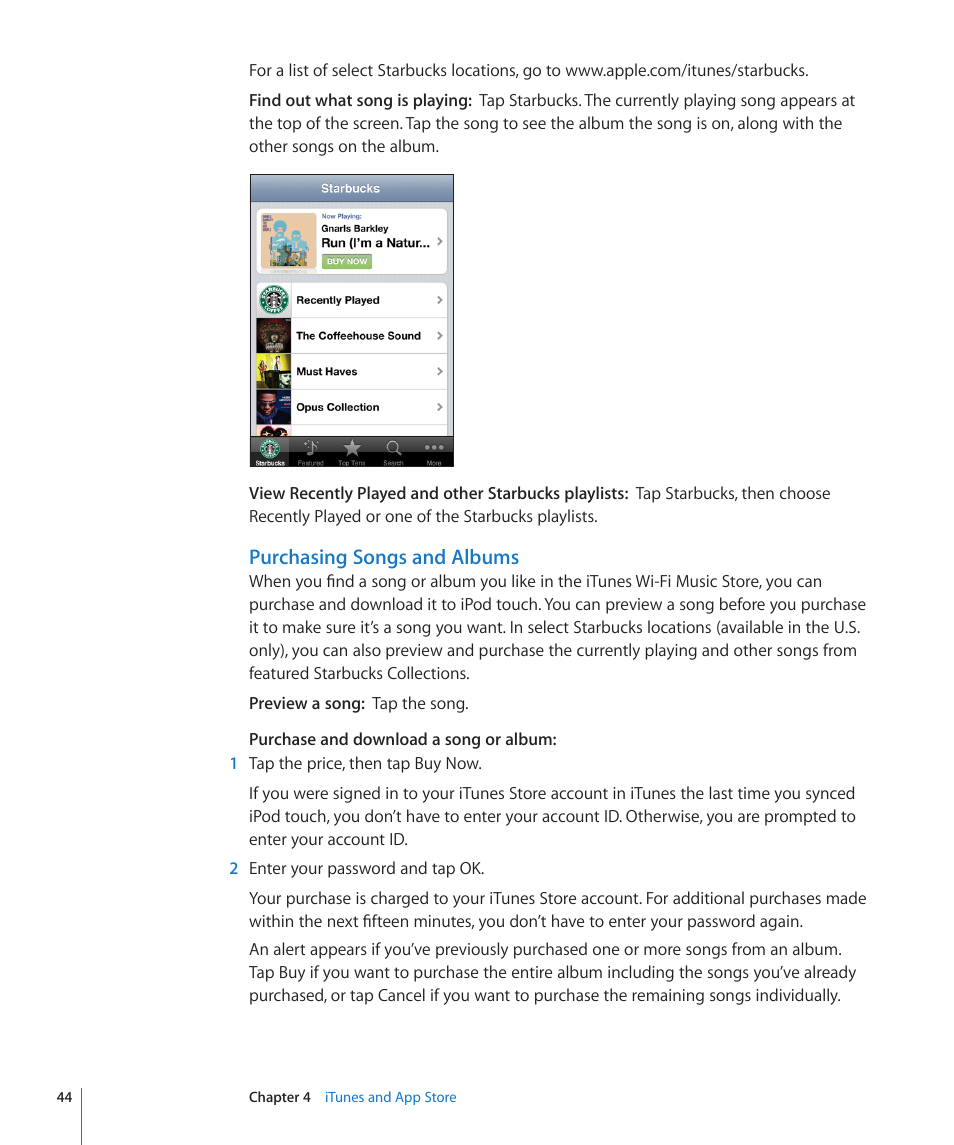 Purchasing songs and albums | Apple iPod touch iOS 2.2 User Manual | Page 44 / 122