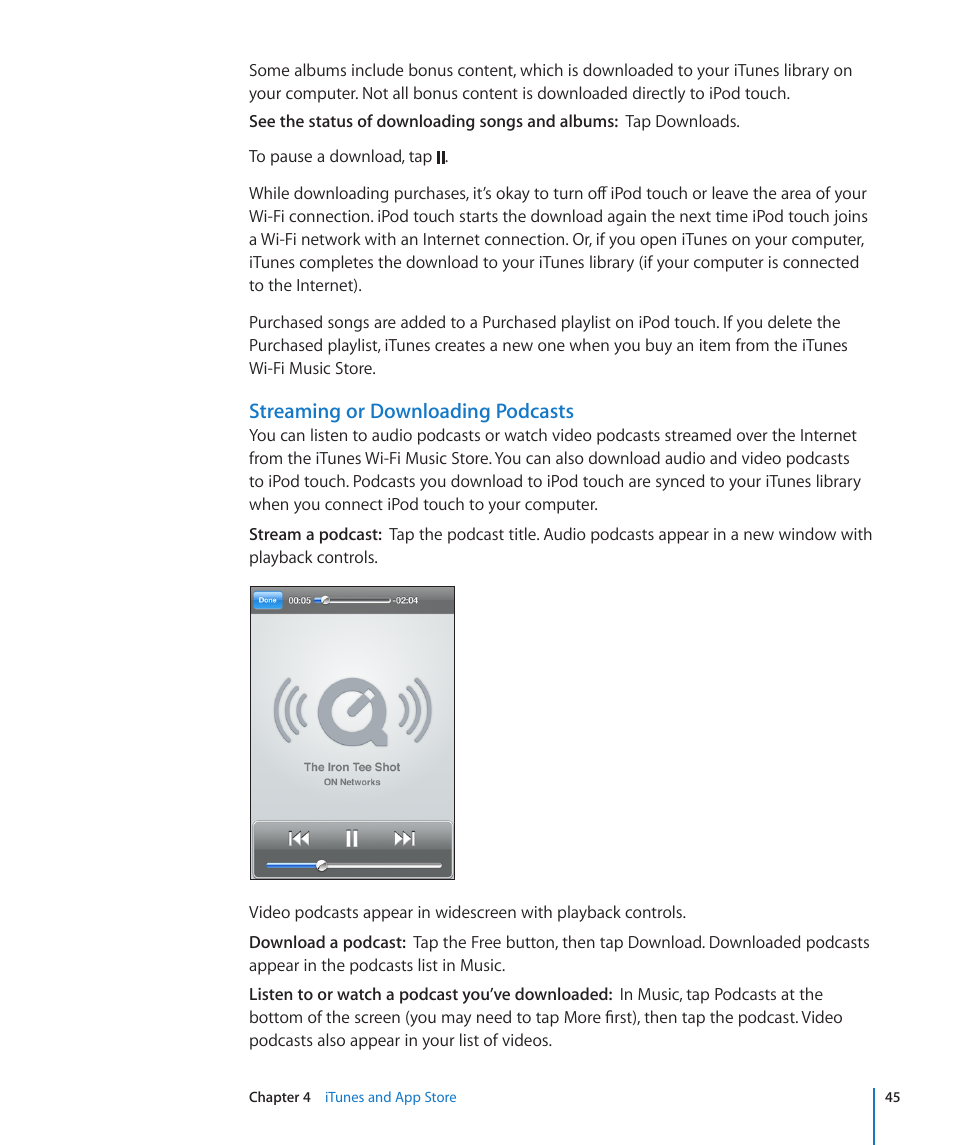 Streaming or downloading podcasts | Apple iPod touch iOS 2.2 User Manual | Page 45 / 122