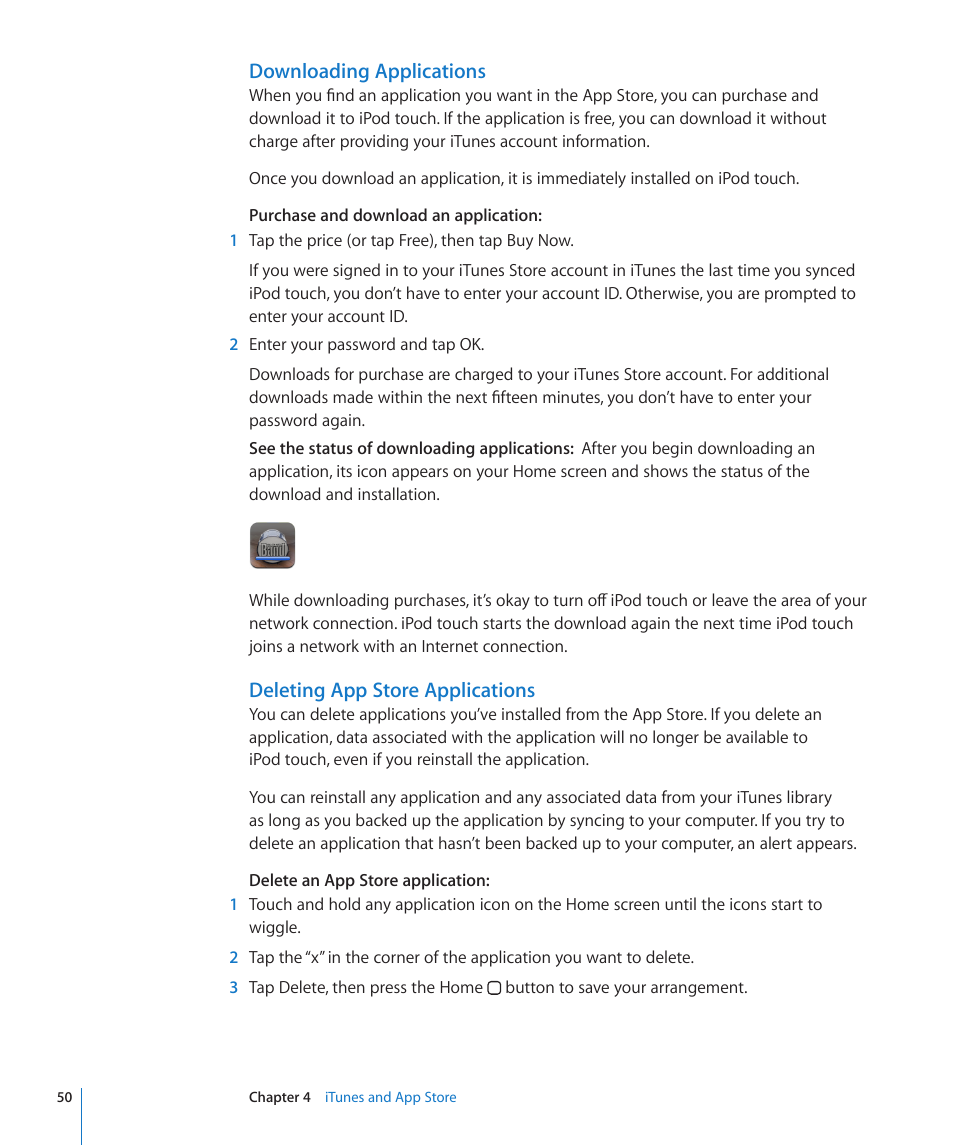 Downloading applications, Deleting app store applications | Apple iPod touch iOS 2.2 User Manual | Page 50 / 122