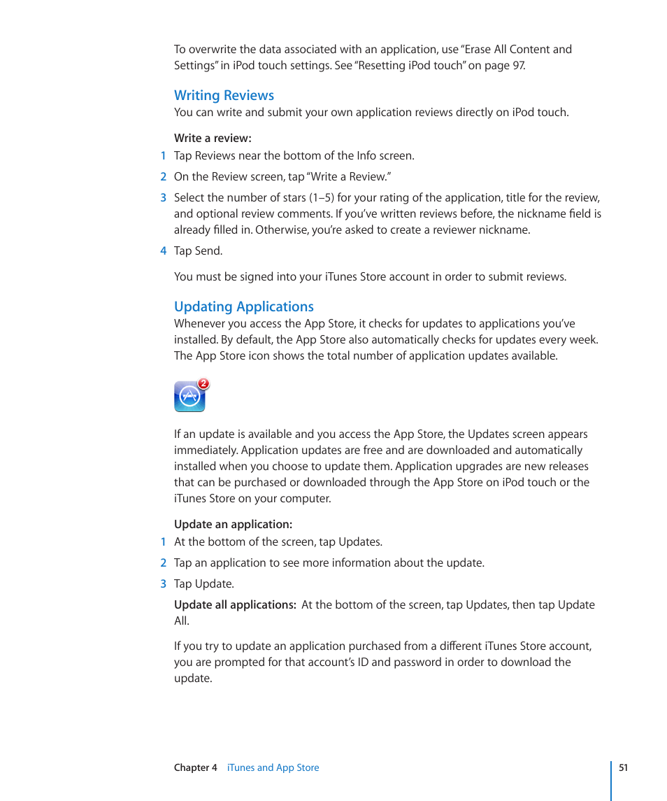 Writing reviews, Updating applications | Apple iPod touch iOS 2.2 User Manual | Page 51 / 122