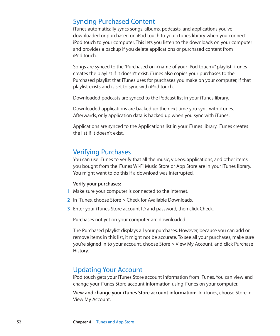 Syncing purchased content, Verifying purchases, Updating your account | Apple iPod touch iOS 2.2 User Manual | Page 52 / 122