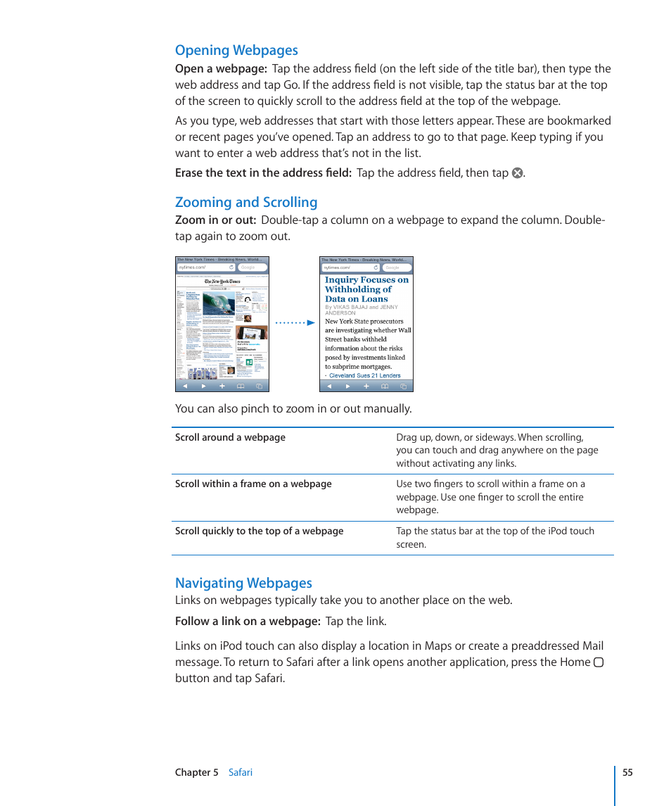 Opening webpages, Zooming and scrolling, Navigating webpages | Apple iPod touch iOS 2.2 User Manual | Page 55 / 122