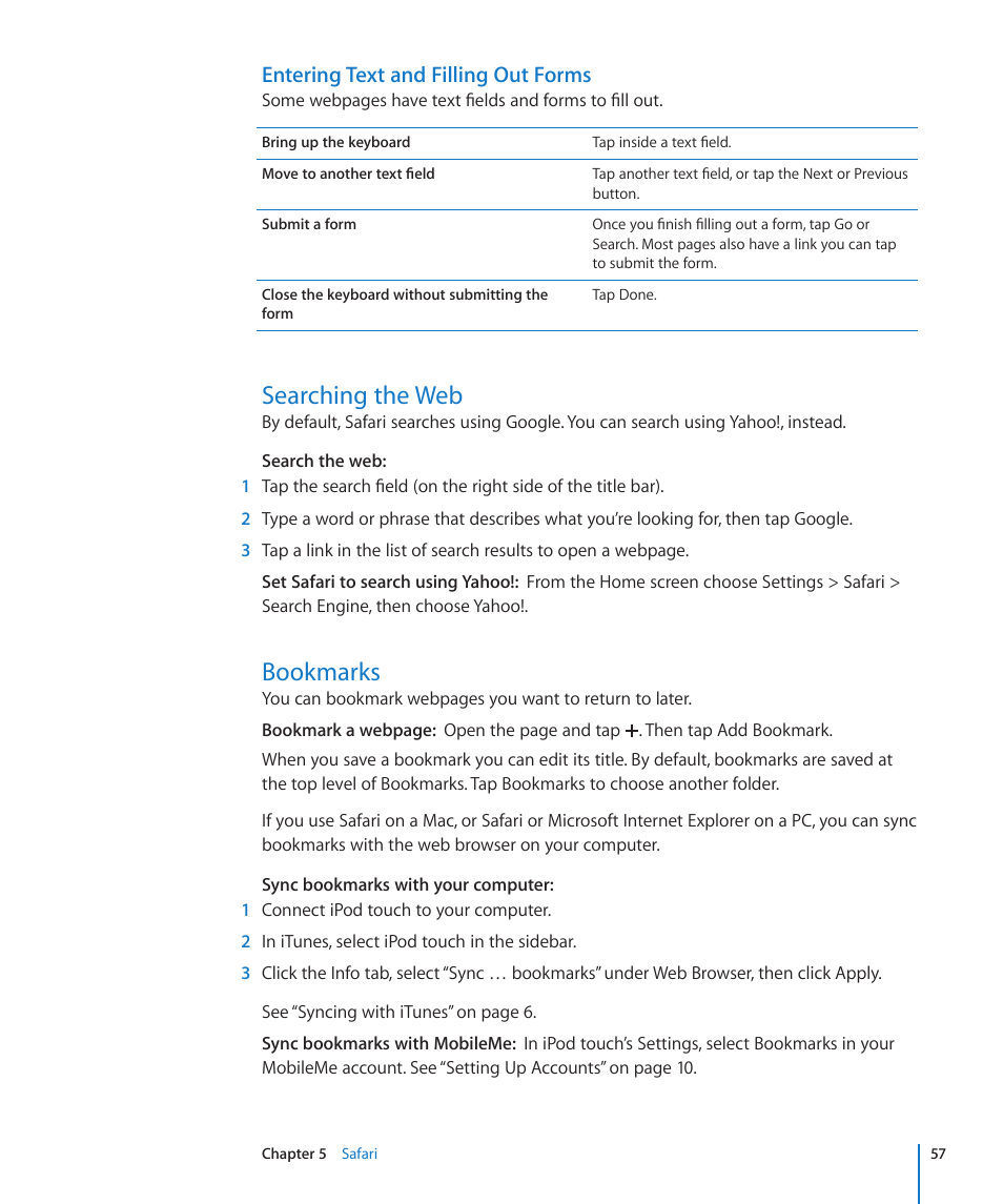 Searching the web, Bookmarks, 57 searching the web 57 bookmarks | Entering text and filling out forms | Apple iPod touch iOS 2.2 User Manual | Page 57 / 122