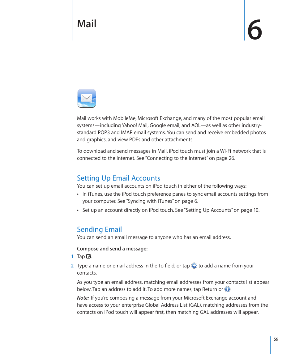 Chapter 6: mail, Setting up email accounts, Sending email | 59 setting up email accounts 59 sending email, Mail | Apple iPod touch iOS 2.2 User Manual | Page 59 / 122