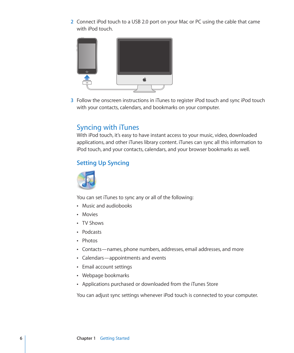 Syncing with itunes, Setting up syncing | Apple iPod touch iOS 2.2 User Manual | Page 6 / 122