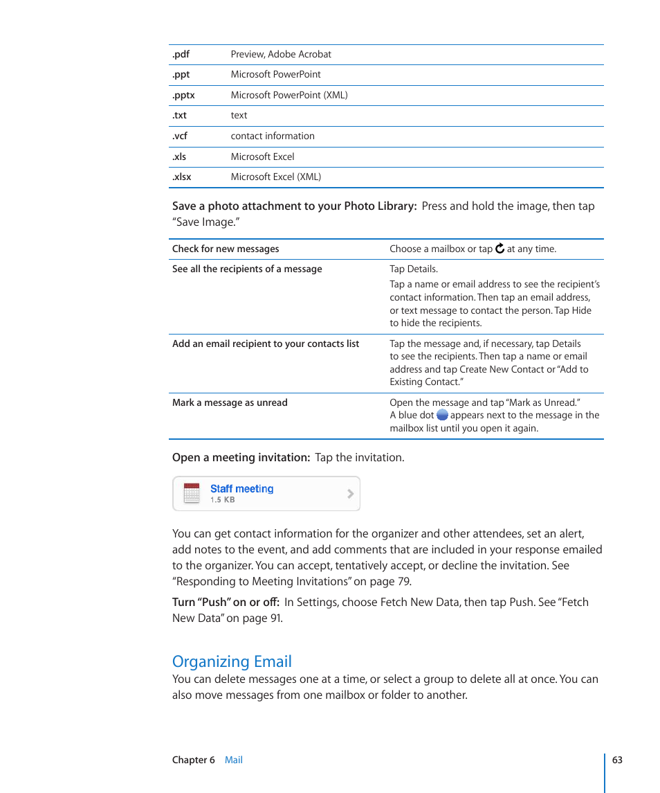 Organizing email, 63 organizing email | Apple iPod touch iOS 2.2 User Manual | Page 63 / 122