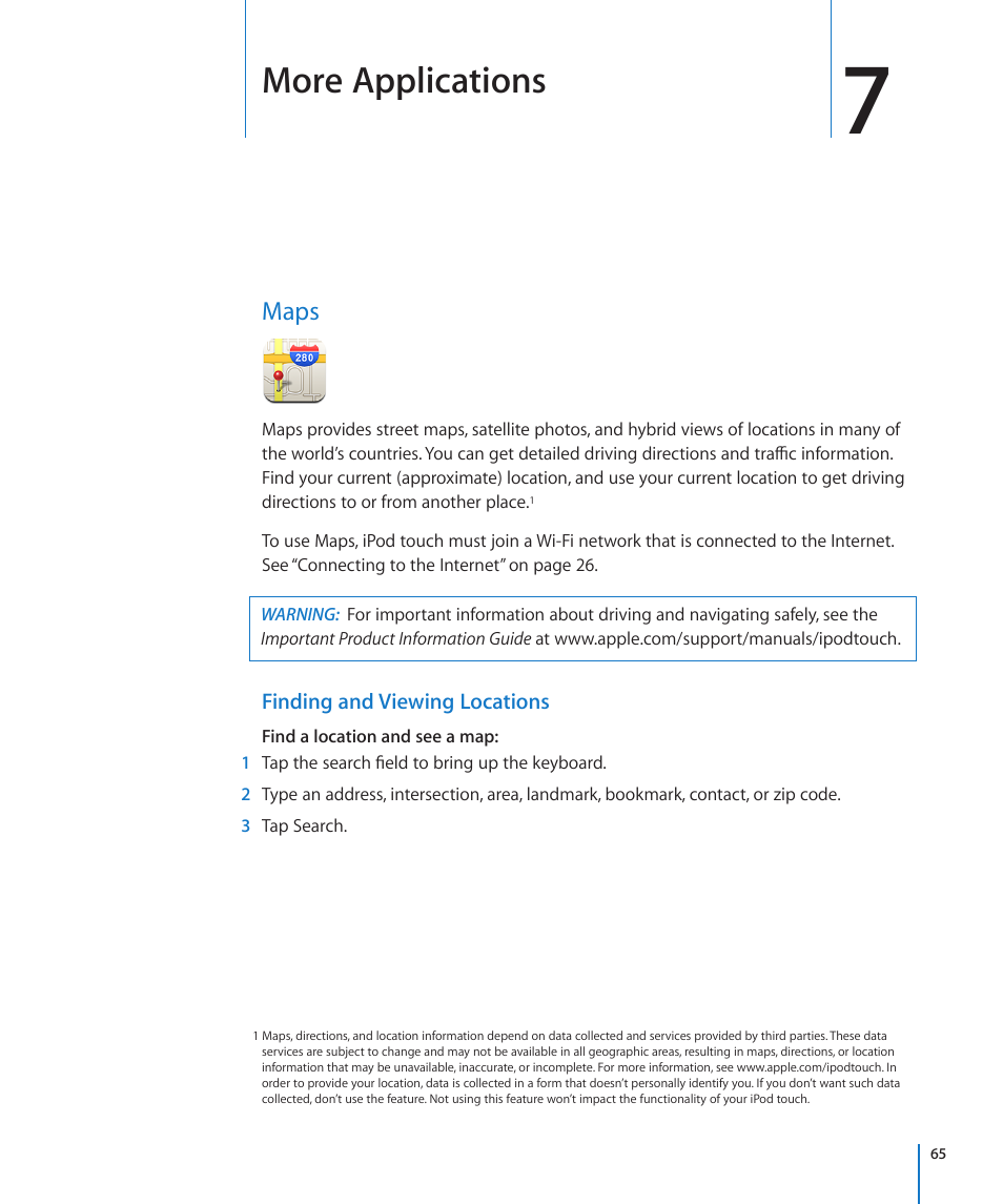 Chapter 7: more applications, Maps, 65 maps | More applications | Apple iPod touch iOS 2.2 User Manual | Page 65 / 122
