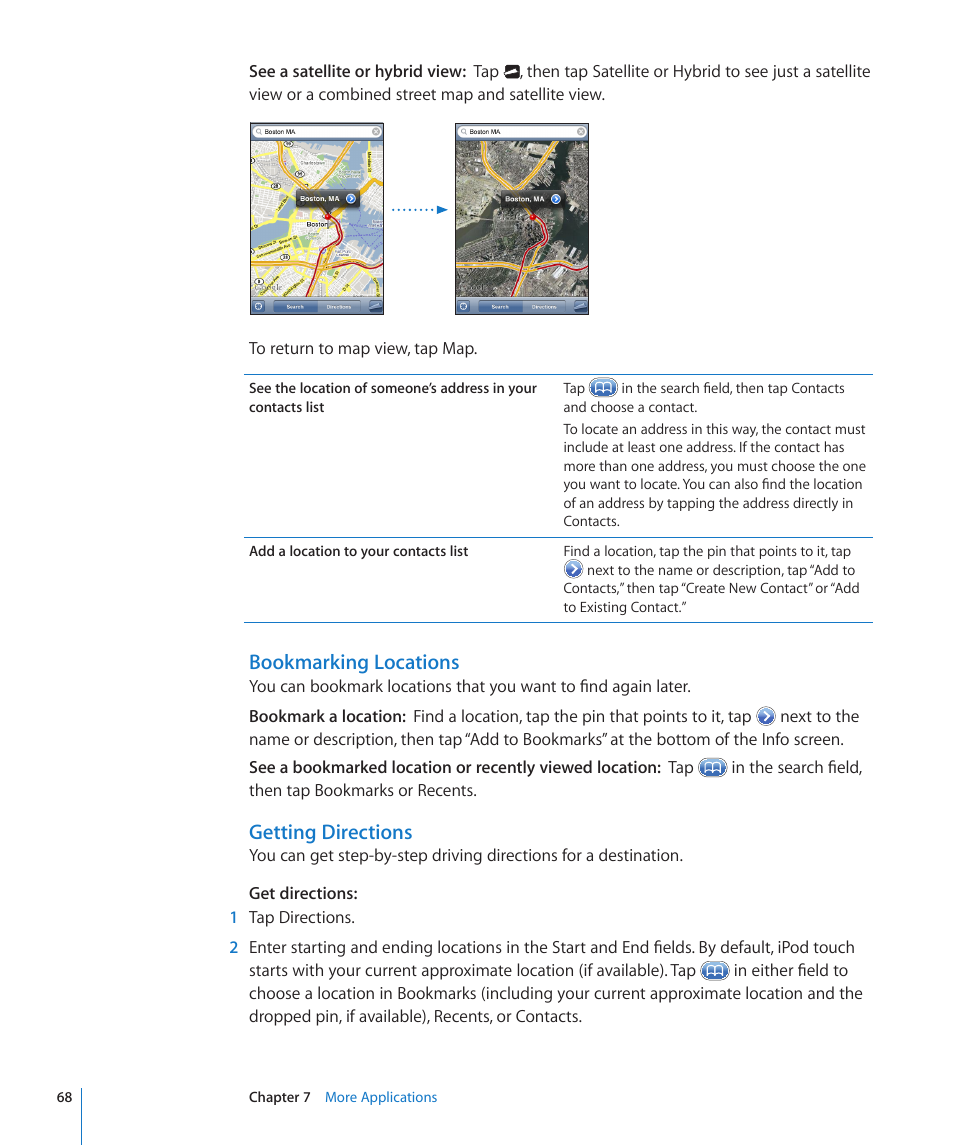 Bookmarking locations, Getting directions | Apple iPod touch iOS 2.2 User Manual | Page 68 / 122