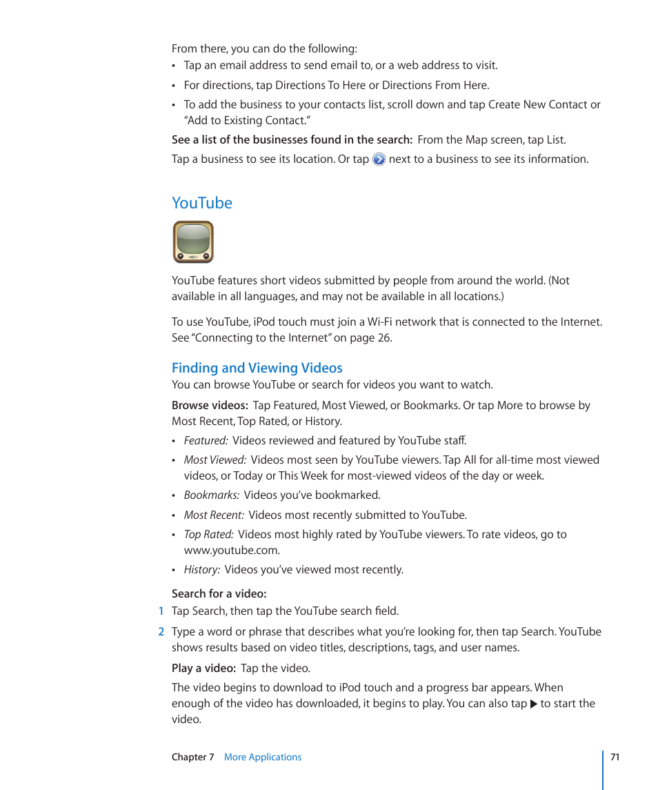 Youtube, 71 youtube, Finding and viewing videos | Apple iPod touch iOS 2.2 User Manual | Page 71 / 122