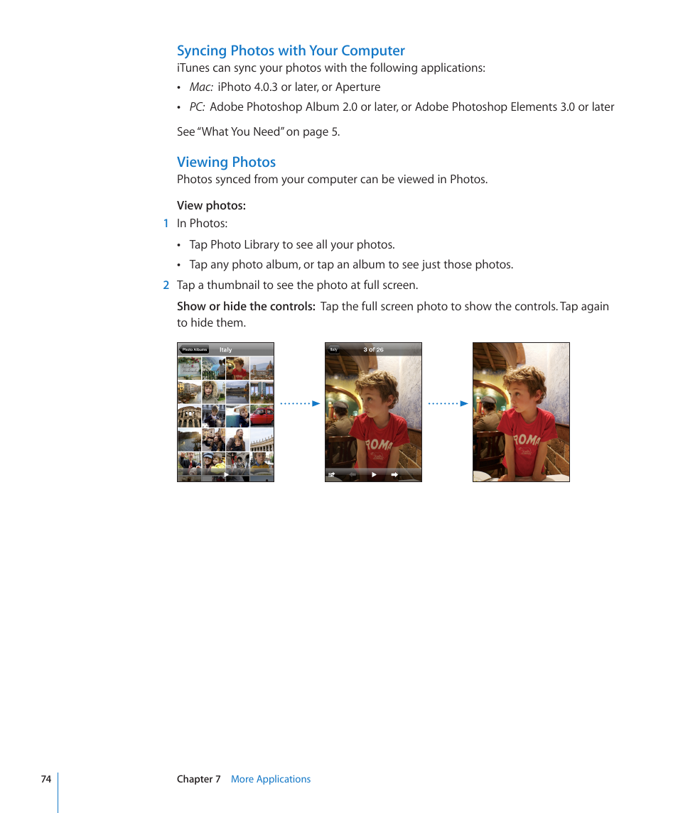 Syncing photos with your computer, Viewing photos | Apple iPod touch iOS 2.2 User Manual | Page 74 / 122