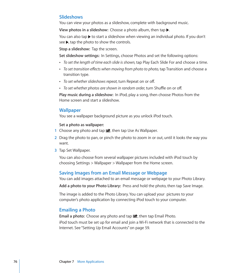 Slideshows, Wallpaper, Saving images from an email message or webpage | Emailing a photo | Apple iPod touch iOS 2.2 User Manual | Page 76 / 122