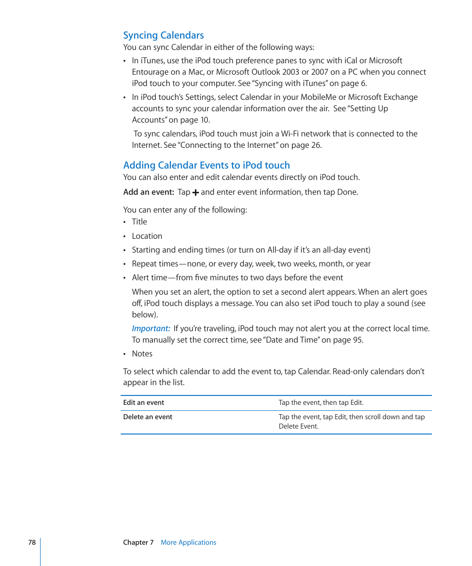 Syncing calendars, Adding calendar events to ipod touch | Apple iPod touch iOS 2.2 User Manual | Page 78 / 122