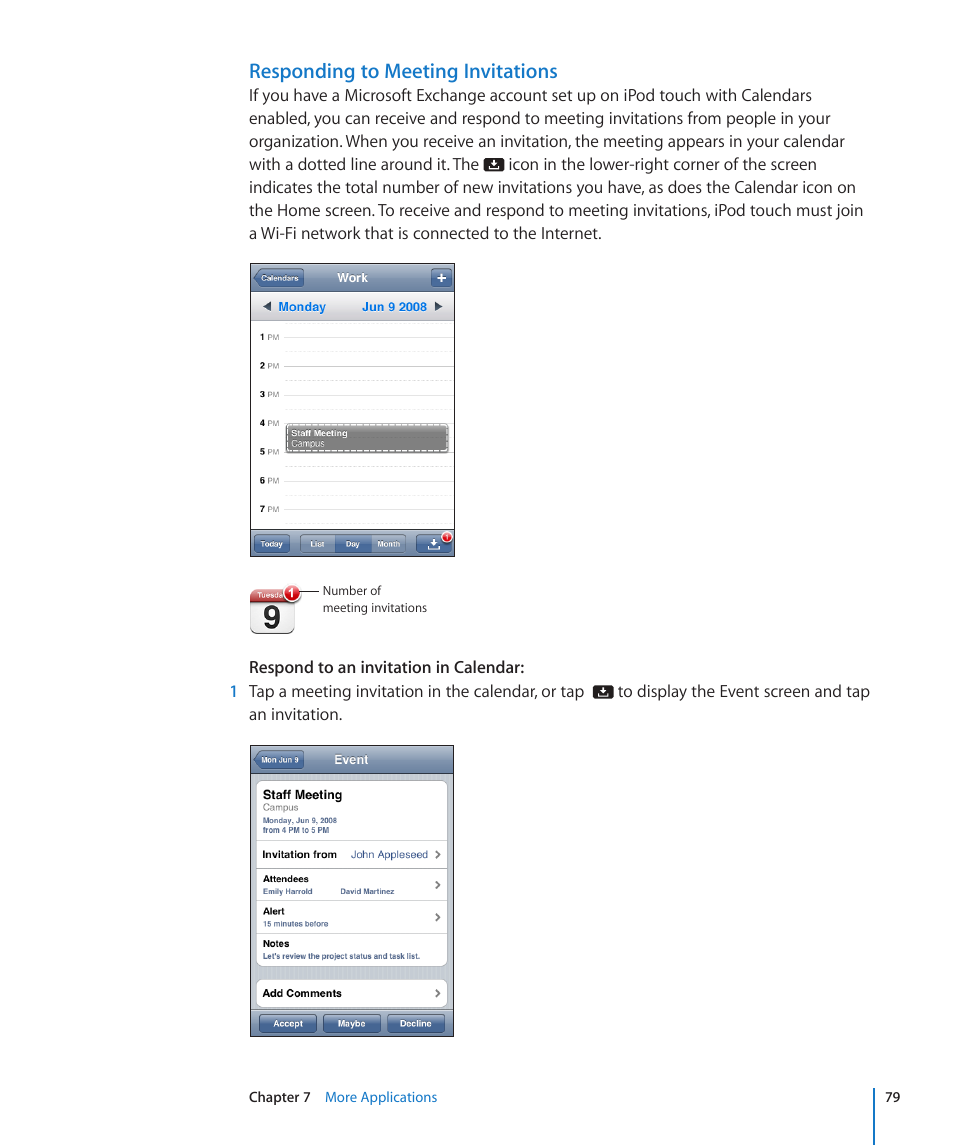 Responding to meeting invitations | Apple iPod touch iOS 2.2 User Manual | Page 79 / 122