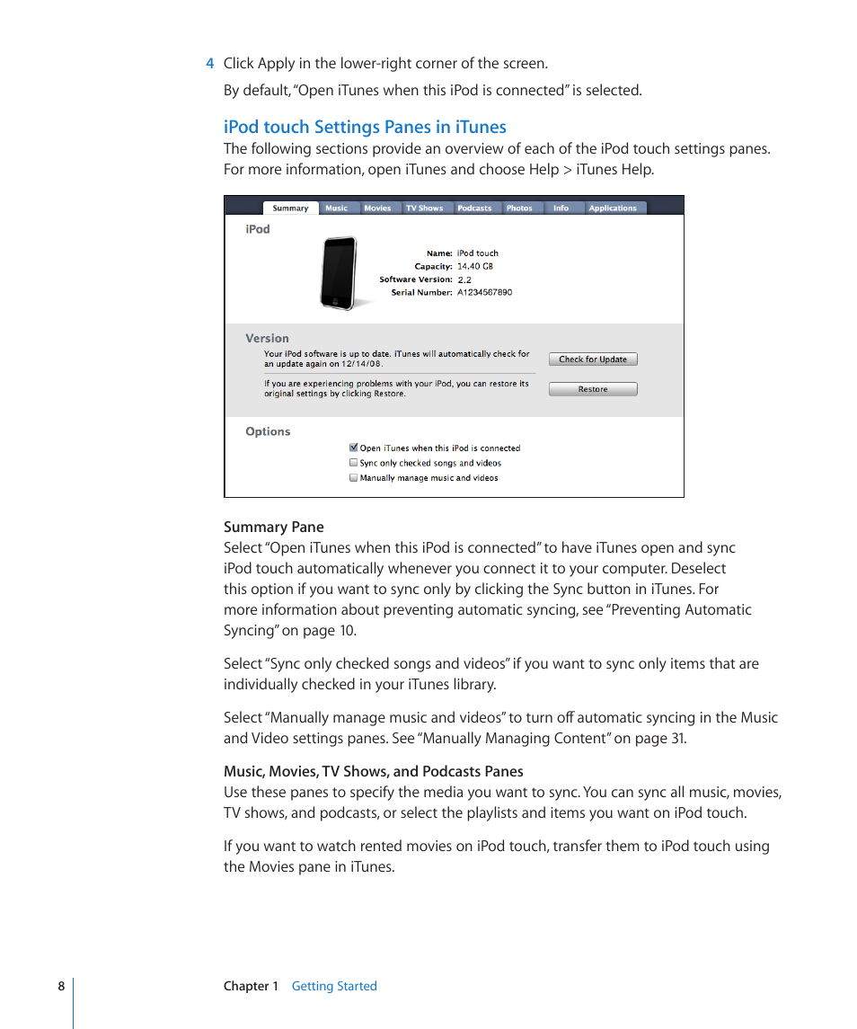 Ipod touch settings panes in itunes | Apple iPod touch iOS 2.2 User Manual | Page 8 / 122