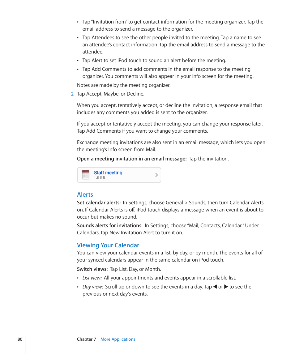 Alerts, Viewing your calendar | Apple iPod touch iOS 2.2 User Manual | Page 80 / 122