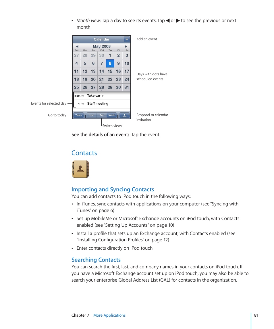Contacts, 81 contacts, Importing and syncing contacts | Searching contacts | Apple iPod touch iOS 2.2 User Manual | Page 81 / 122