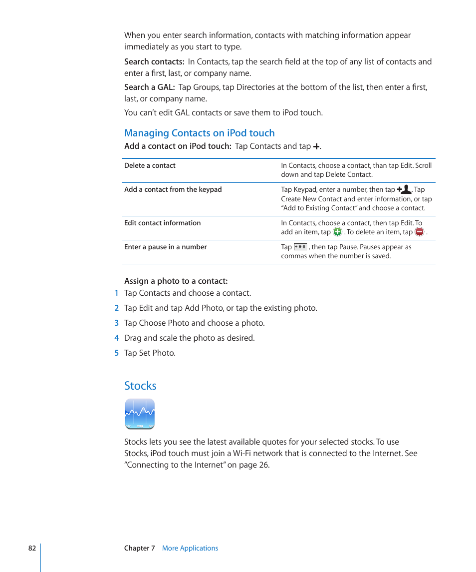 Stocks, 82 stocks, Managing contacts on ipod touch | Apple iPod touch iOS 2.2 User Manual | Page 82 / 122