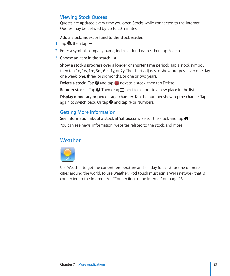 Weather, 83 weather, Viewing stock quotes | Getting more information | Apple iPod touch iOS 2.2 User Manual | Page 83 / 122