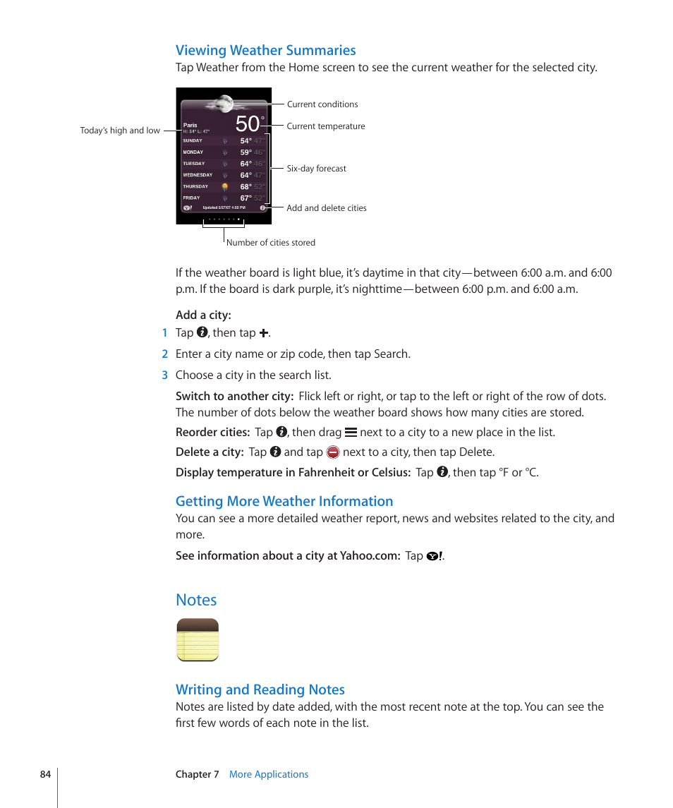 Notes, 84 notes, Viewing weather summaries | Getting more weather information | Apple iPod touch iOS 2.2 User Manual | Page 84 / 122