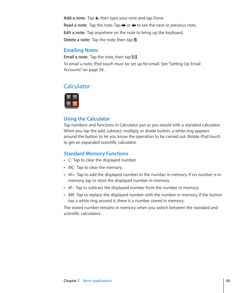 Calculator, 85 calculator, Using the calculator | Apple iPod touch iOS 2.2 User Manual | Page 85 / 122