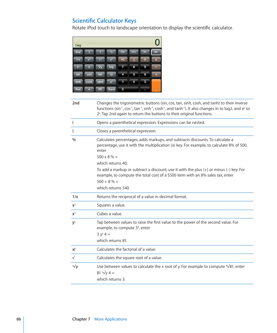Scientific calculator keys | Apple iPod touch iOS 2.2 User Manual | Page 86 / 122