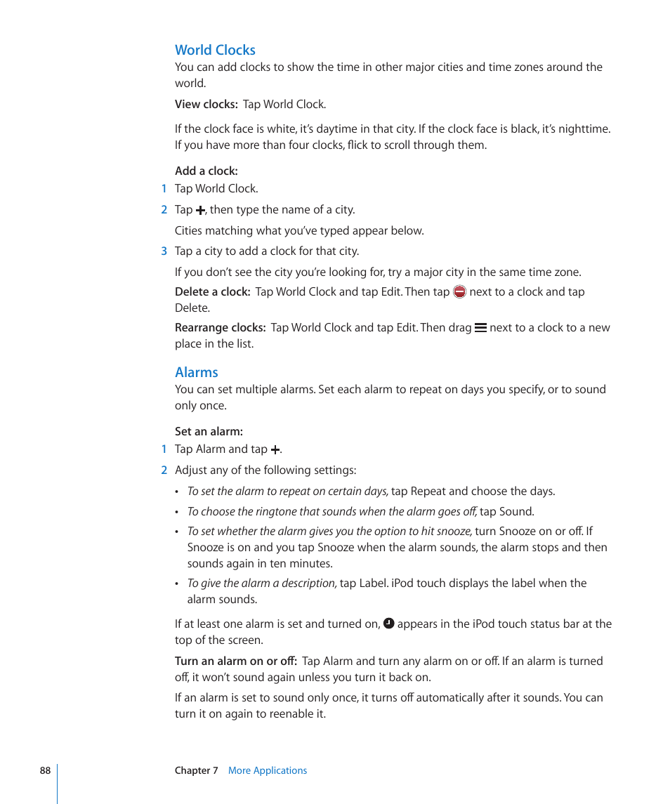 World clocks, Alarms | Apple iPod touch iOS 2.2 User Manual | Page 88 / 122